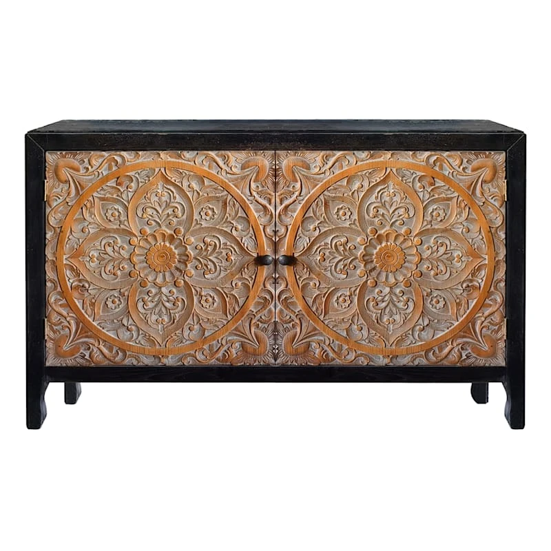 2-Door Carved Black Long Cabinet 2 2-Door Carved Black Long Cabinet - Image 2