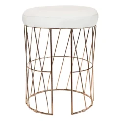 Diago Metallic Blush Wire Vanity Stool/Padded White Faux Leather Seat