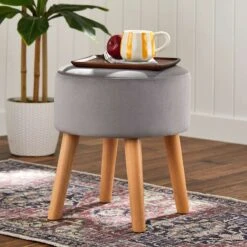 Emmy Grey Velvet Round Wood Leg Ottoman -Hot Sale Furniture Shop emmy grey velvet round wood leg ottoman 4