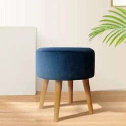 Emmy Navy Blue Velvet Round Wood Leg Ottoman -Hot Sale Furniture Shop emmy navy blue velvet round wood leg ottoman 4