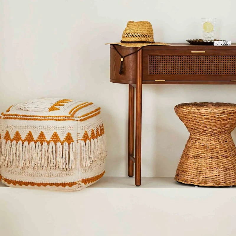 Francis Handwoven Fringe Pouf, 18" 2 Francis Handwoven Fringe Pouf, 18" - Image 2