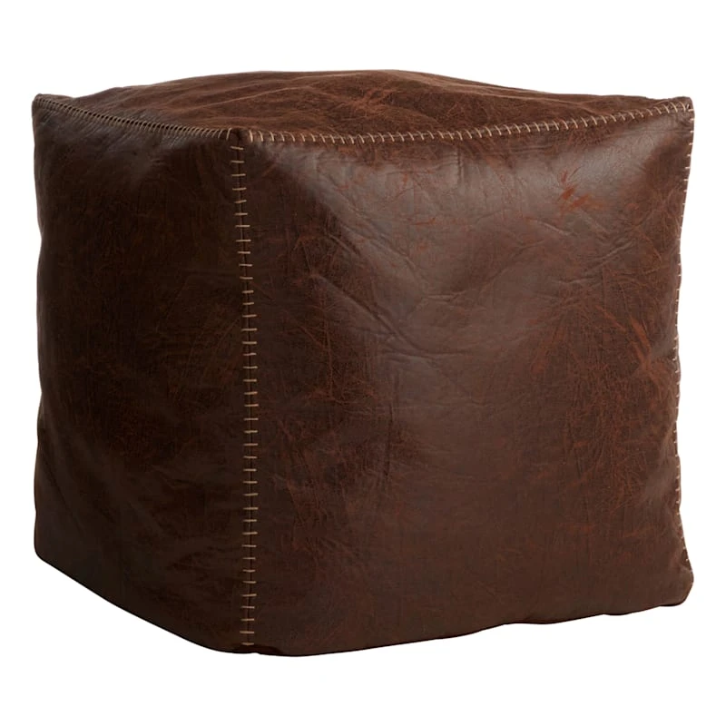 Honeybloom Faux Leather Brown Pouf With Baseball Stitch 1 Honeybloom Faux Leather Brown Pouf With Baseball Stitch