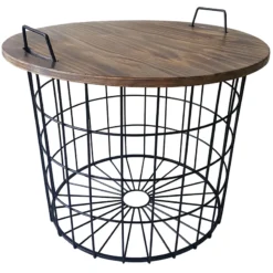 Honeybloom Round Wire Basket Table With Removable Wood Top