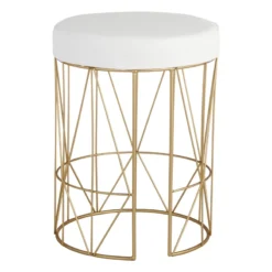 Keira Glazed Gold Wire Vanity Stool & Padded White Faux Leather Seat