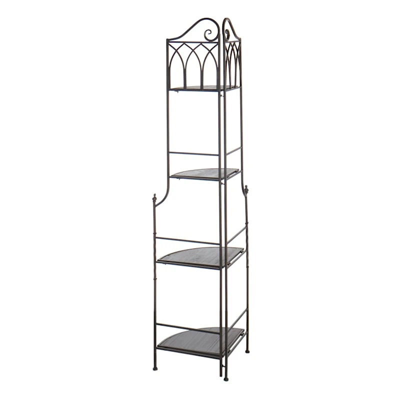 Metal Corner Rack With Brown Decorative Arch & Folding Wood-Top Shelves, 63" 3 Metal Corner Rack With Brown Decorative Arch & Folding Wood-Top Shelves, 63" - Image 3