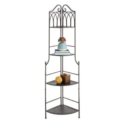 Metal Corner Rack With Brown Decorative Arch & Folding Wood-Top Shelves, 63" 11 Metal Corner Rack With Brown Decorative Arch & Folding Wood-Top Shelves, 63" -Hot Sale Furniture Shop metal corner rack with brown decorative arch folding wood top shelves 63 5