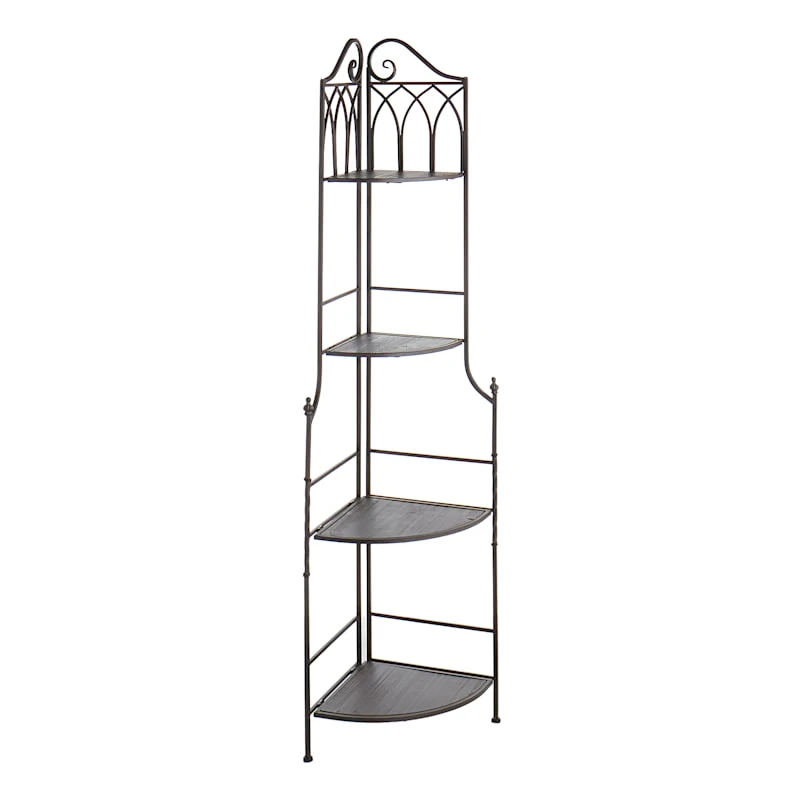 Metal Corner Rack With Brown Decorative Arch & Folding Wood-Top Shelves, 63" 1 Metal Corner Rack With Brown Decorative Arch & Folding Wood-Top Shelves, 63"