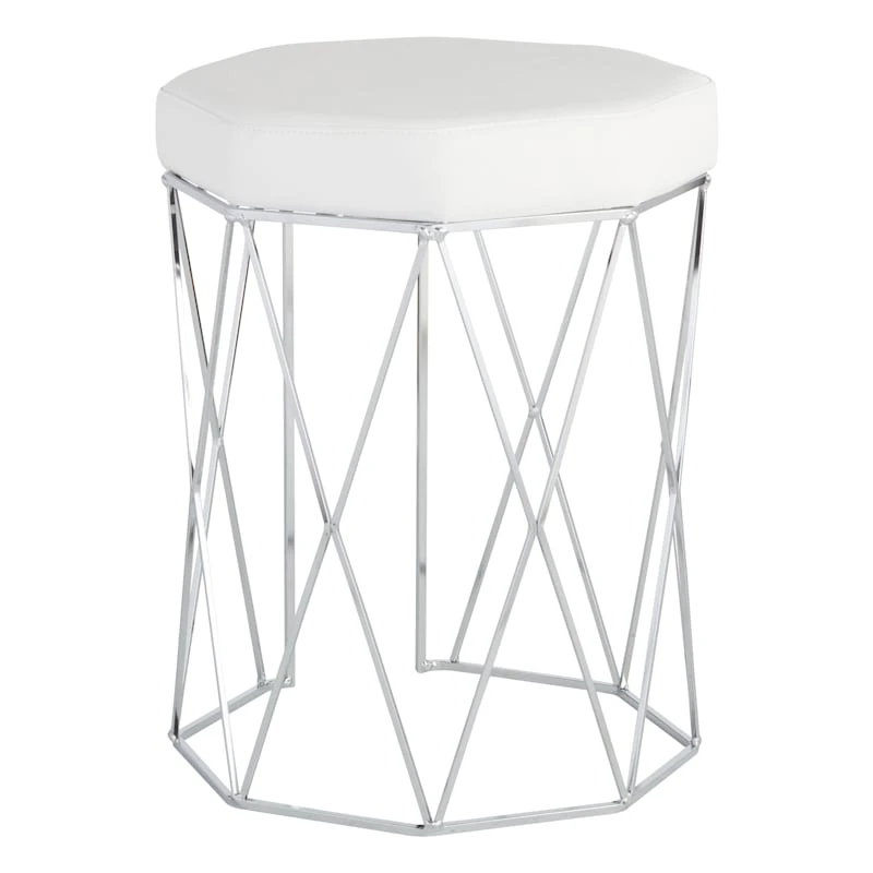 Prisma Chrome Wire Vanity Stool/Padded White Faux Leather Seat 1 Prisma Chrome Wire Vanity Stool/Padded White Faux Leather Seat