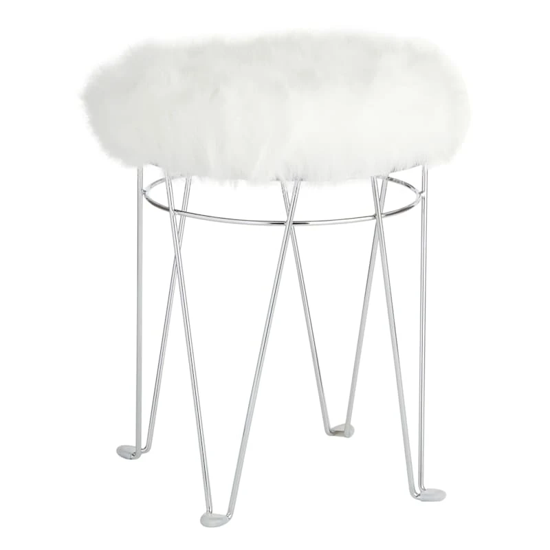 Rion Chrome Wire Vanity Stool/Padded White Faux Fur Seat 1 Rion Chrome Wire Vanity Stool/Padded White Faux Fur Seat