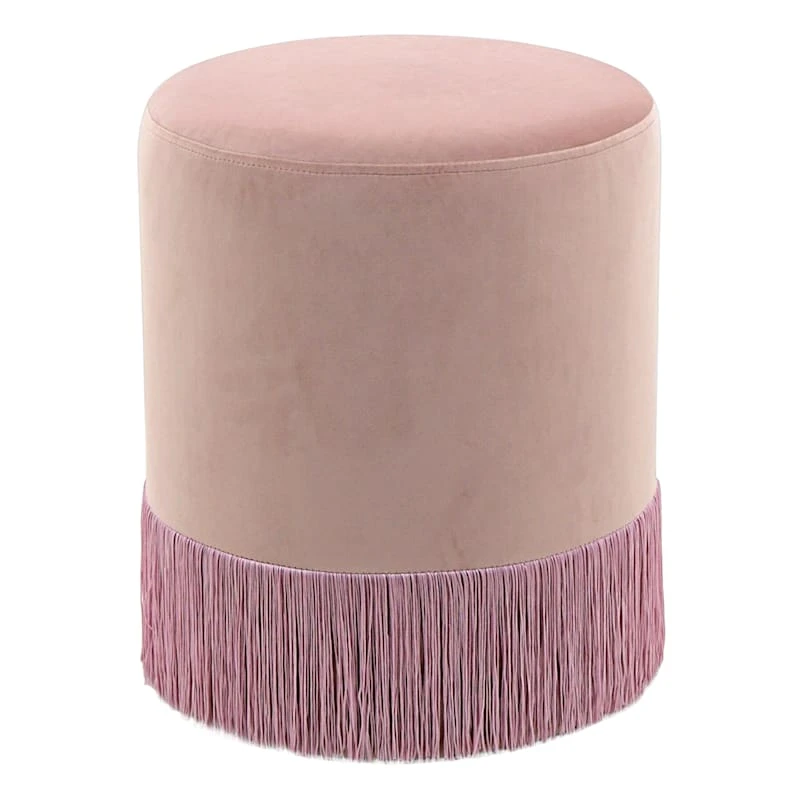 Round Ottoman With Fringe, Blush Velvet 1 Round Ottoman With Fringe, Blush Velvet