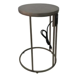 Round Wood & Gold Metal C-Table With Usb Port, Large