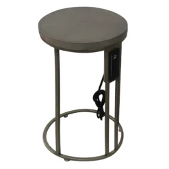 Round Wood-Top Gold Metal C-Table With USB Port, Small
