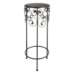 Round Wood Top With Scroll Metal Plant Stand, Large